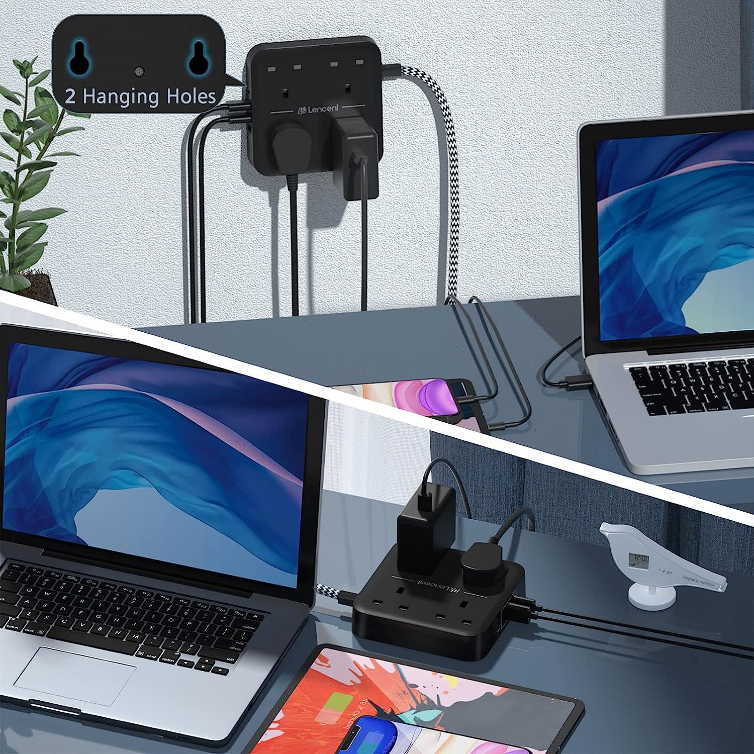 LENCENT Extension Lead with USB C Port, 4 Way Outlets Power Strip with