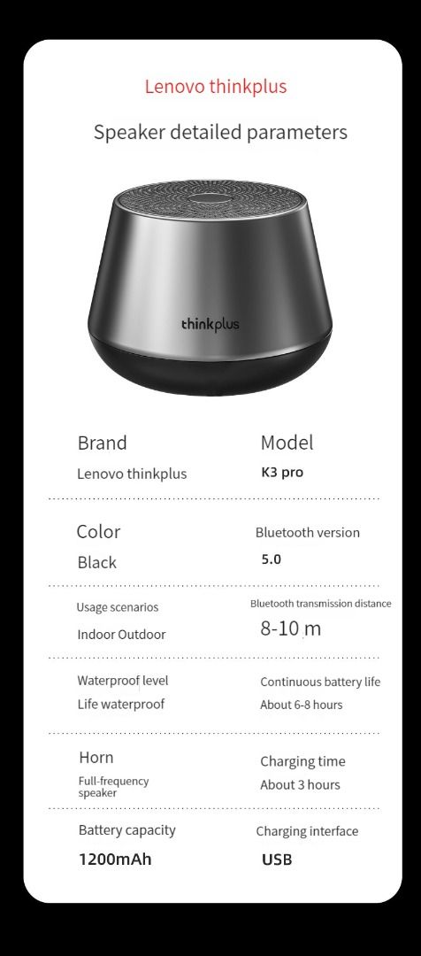 Lenovo K3 Pro Wireless BT5.0 Speaker Outdoor Portable Wireless.