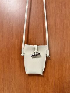 Longchamp Vtg Roseau White Leather Sling Crossbody Bag,Silver Bamboo Toggle  READ
