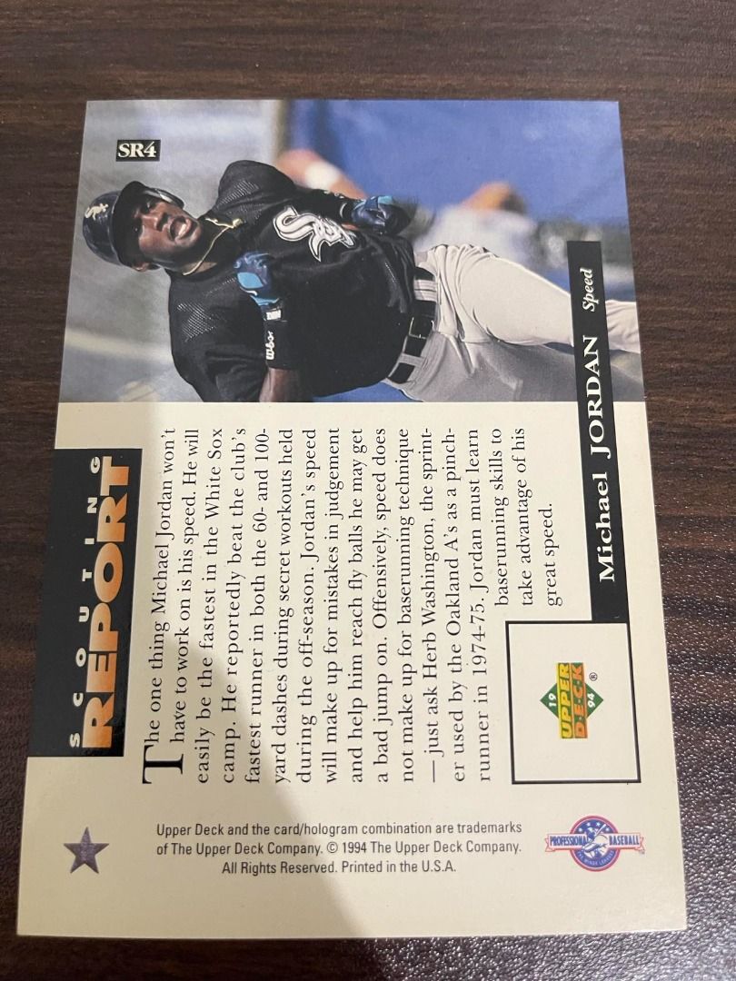 MICHAEL JORDAN 1994 UPPER DECK SR4 SCOUTING REPORT Speed (Category: Vintage Collectibles) located in Rizal. Submitted by prizexchange (Listing ID 1238604248, Image 2). Description: The product is a 1994 Upper Deck MICHAEL JORDAN SR4 SCOUTING REPORT trading card focusing on his speed in the sport of baseball. Manufactured by Upper Deck, this card showcases Michael Jordan's abilities as a player during the 1994 season, making it a valuable and soug