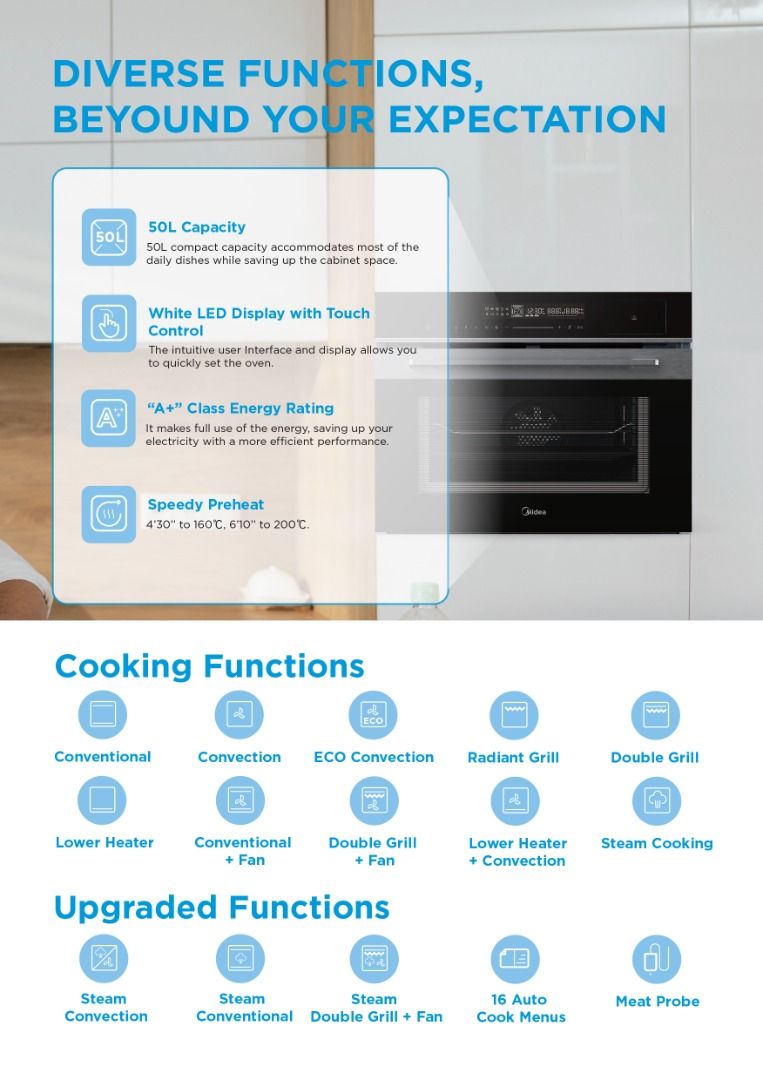 Midea Builtin Steam Conventional Oven (MBIN50E4SG), TV & Home