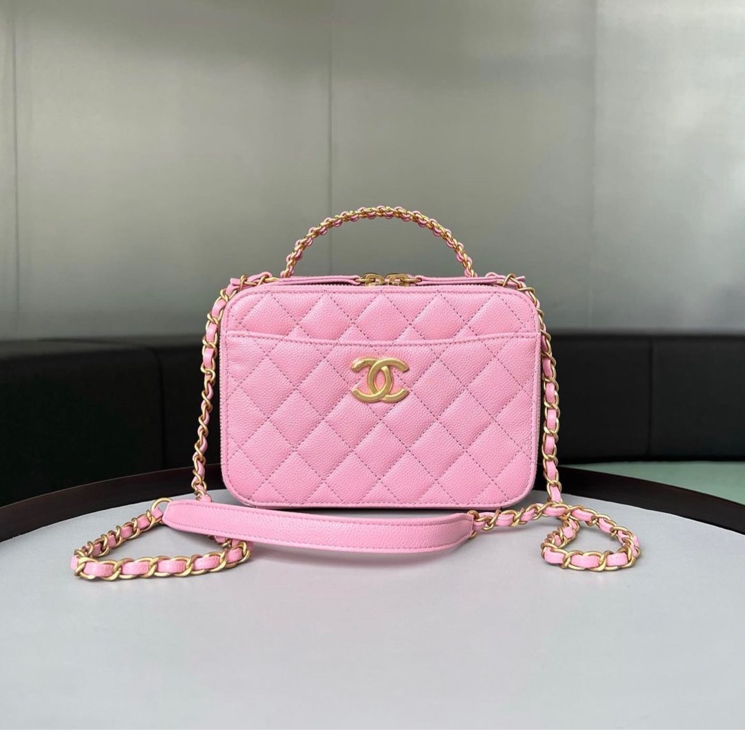 New CHANEL 22 Vanity Case Gold CHAIN Handle Barbie Pink Lambskin Pick me up  Bag