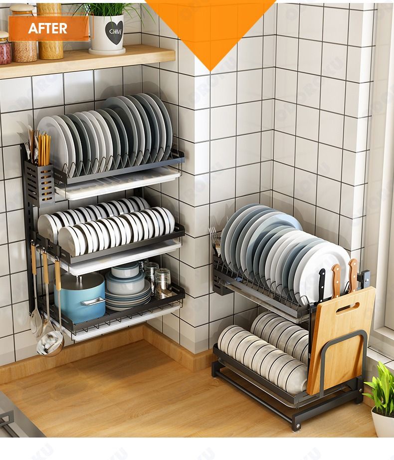 PUSDON Wall Mounted Dish Drying Rack, 3 Tier Stainless Steel Hanging Dish  Drainer with Cutlery Holder, Drainboard and Hooks, Fruit Vegetable Kitchen