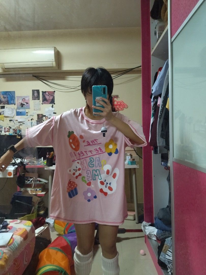 Pink oversized t shirt top with cute design Women s Fashion Tops Shirts on Carousell