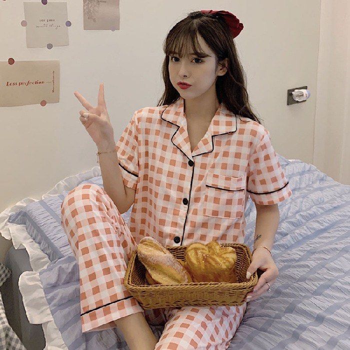 READY STOCK （m-xxl）Women Cute Pajamas Pyjamas Set Homeliving Sleepwear  Lingerie Set Night Wear short sleeve long pants