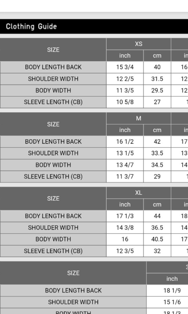 UNIQLO SIZE CHART