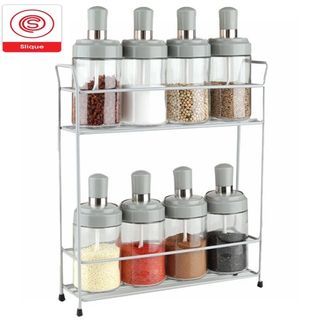 SALE‼️SLIQUE Premium Glass Condiments Container Kitchen Organizer 230ml Thick lime Glass  with Metal Rack