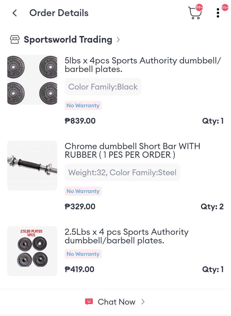 Sports Authority Dumbbell/Plates (Category: Weights & Dumbbells) located in Tarlac. Submitted by declutteringdaha (Listing ID 1238576457, Image 3). Description: Total of 30lbs 5 lbs X 4, 2.5 lbsx4, chrome dumbbell short bar.