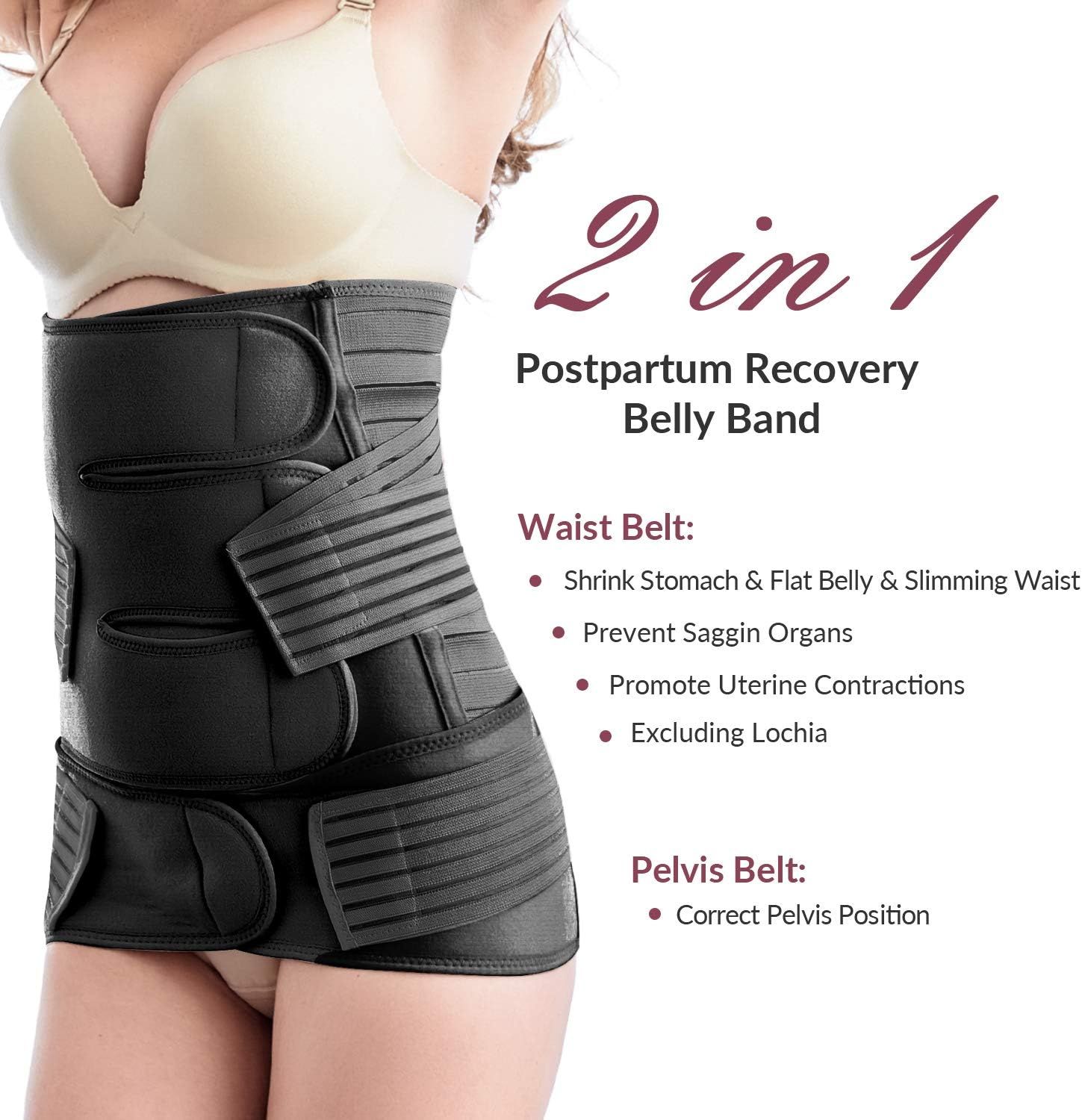 2 in 1 Postpartum Belly Band - Recovery Belly/Pelvis Belt Black