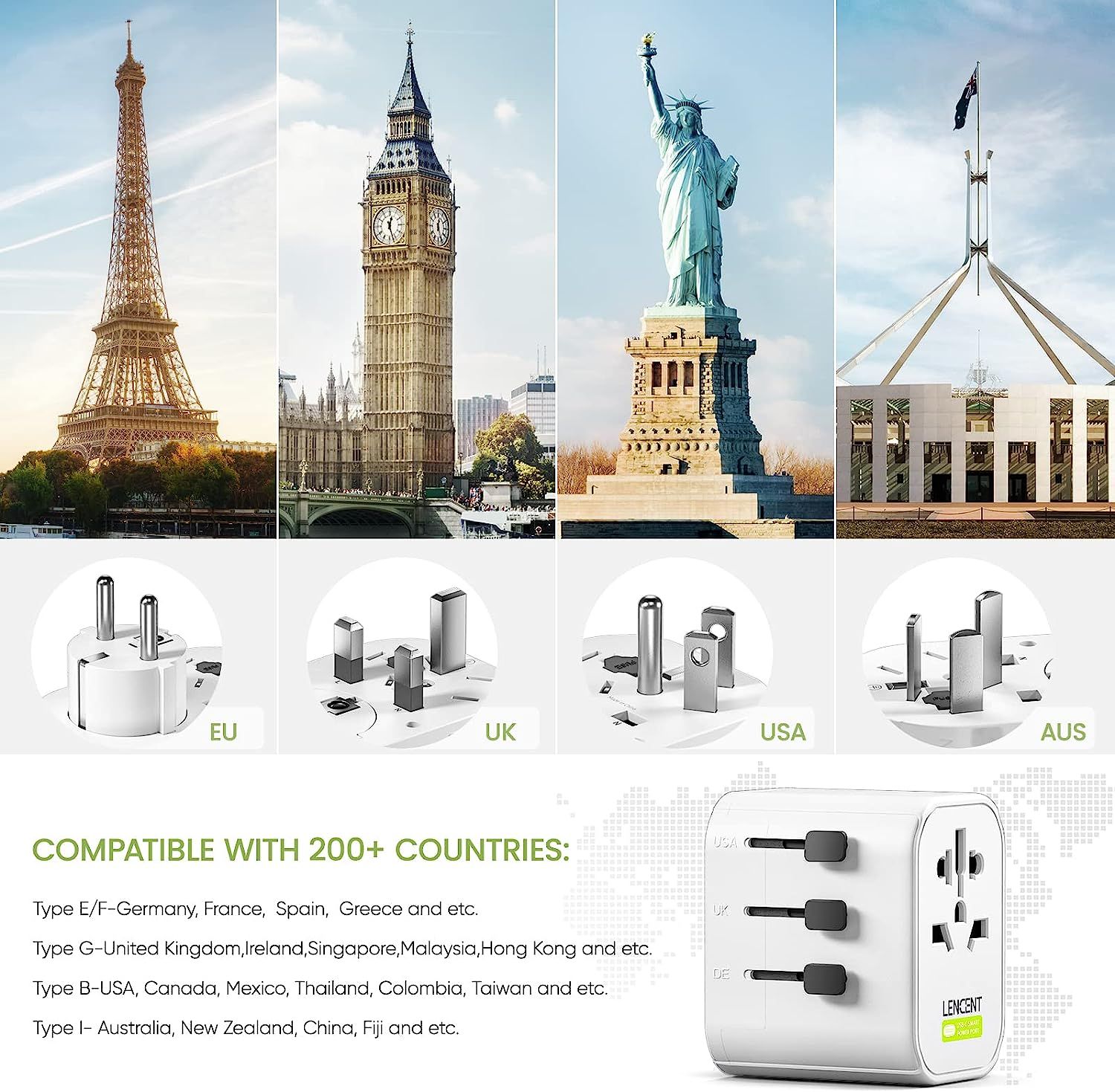 Canada To UK Travel Adapter, TESSAN Plug Adaptor With 1 Outlet And 3 USB Ports (1 USB C), Type G Power Plug For Ireland, England, British, Qatar, Singapore, Malaysia