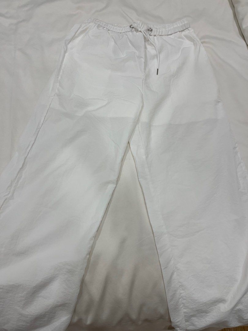 White Parachute Pants, Women's Fashion, Bottoms, Other Bottoms on Carousell