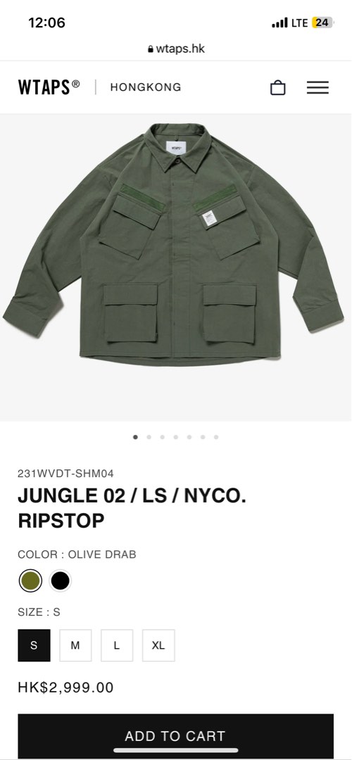 Wtaps 23ss Jungle 02 RIPSTOP shirt Olive 軍綠色, 男裝, 上身及套裝 
