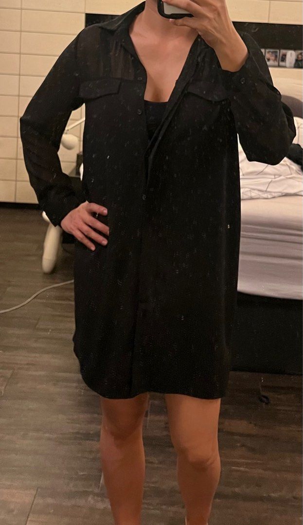 Zara Black chiffon shirt blouse dress, Women's Fashion, Dresses