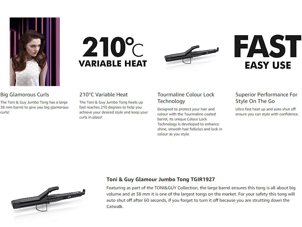 2180A Toni Guy Salon Professional Jumbo Curling Tong 38mm 64 watts