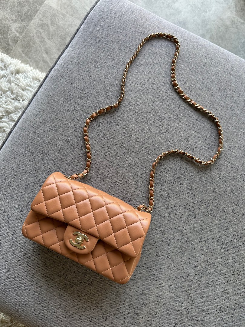 SOLD) BNIB 21P Chanel Mini Square Caramel/Gold LGHW, Luxury, Bags & Wallets  on Carousell