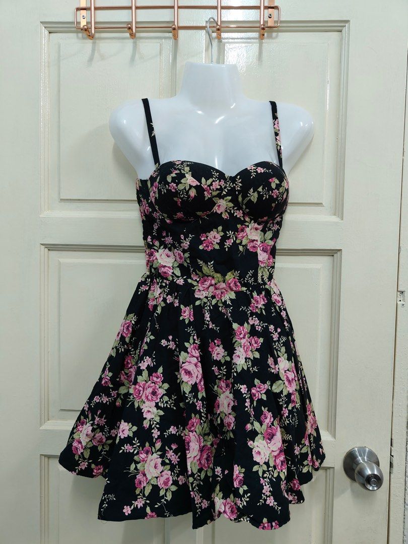 Black Floral Bustier Dress, Women's Fashion, Dresses & Sets