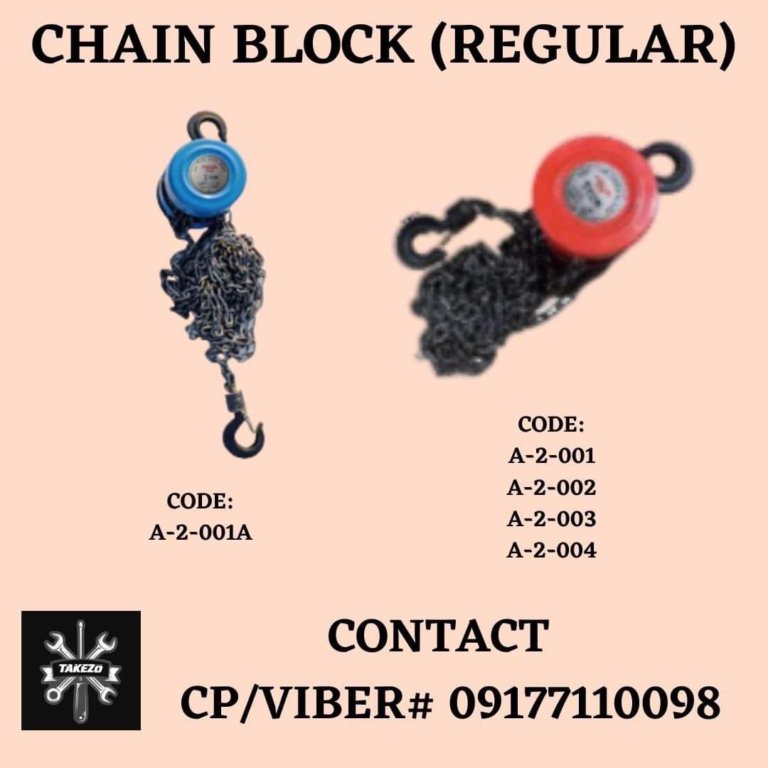 CHAIN BLOCK (REGULAR) (Category: Construction Tools & Equipment) located in Manila. Submitted by joeyroque09 (Listing ID 1238634404, Image 1). Description: Code: A-2-001A (1 Tons x 2.2 Meters) - 1,400php A-2-001 (1 Tons x 3Meters) - 1,600php Contact for more info: 0️⃣9️⃣1️⃣7️⃣7️⃣1️⃣1️⃣0️⃣0️⃣9️⃣8️⃣ Location: ❗️Tondo, Manila ❗️Kawit, Cavite.