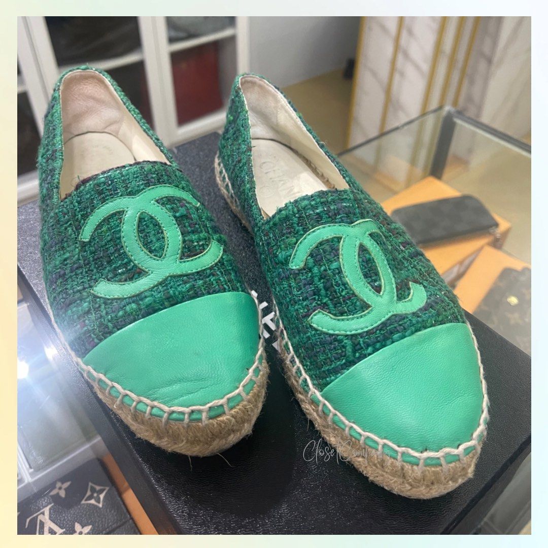 Chanel Espadrilles Dark Green/Green Tweed Fabric Lambskin Leather, Luxury,  Sneakers & Footwear on Carousell