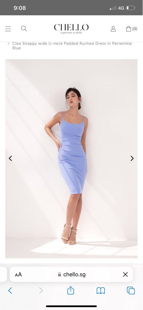 Chello CLEA STRAPPY WIDE U-NECK PADDED RUCHED DRESS IN PERIWINKLE BLUE, Women's Fashion, Dresses & Sets, Dresses on Carousell