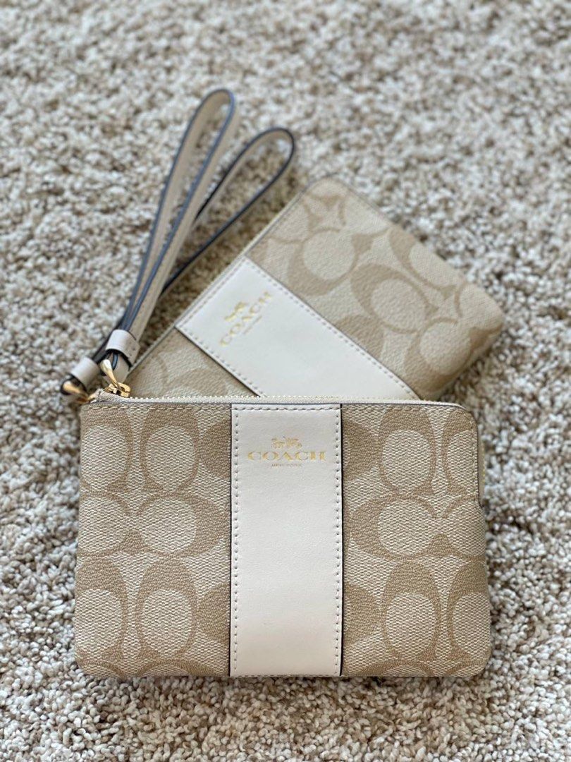 Coach Corner Zip Wristlet in Signature Light Khaki Chalk Luxury