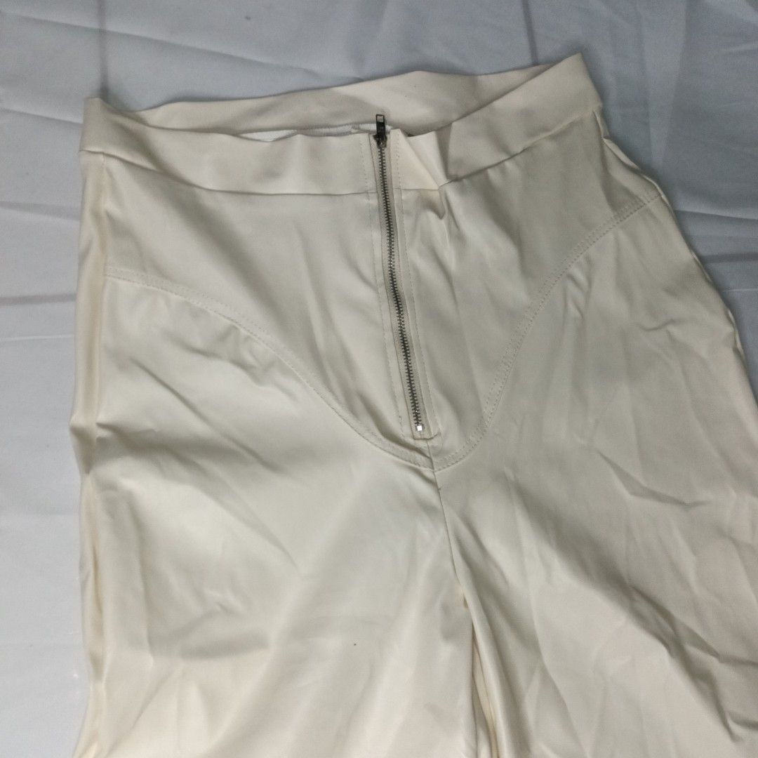 Cream Leather Pants baggy zipper y2k on Carousell