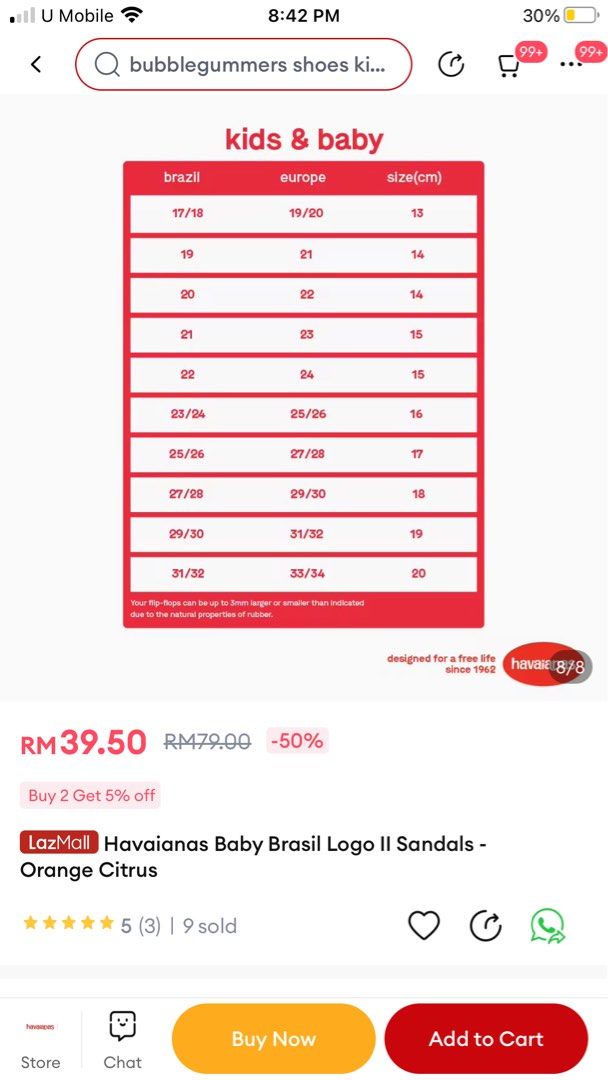 Size chart havaianas baby discount