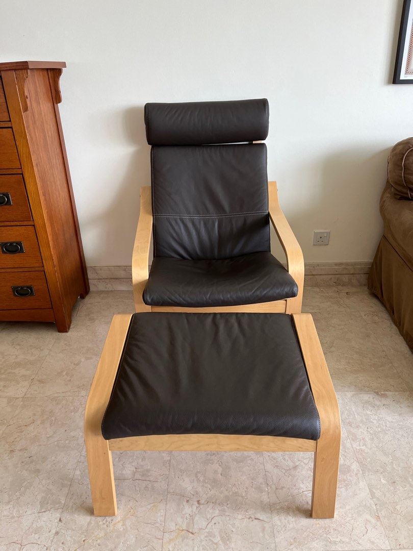 IKEA Poang leather arm chair and foot stool, Furniture & Home Living