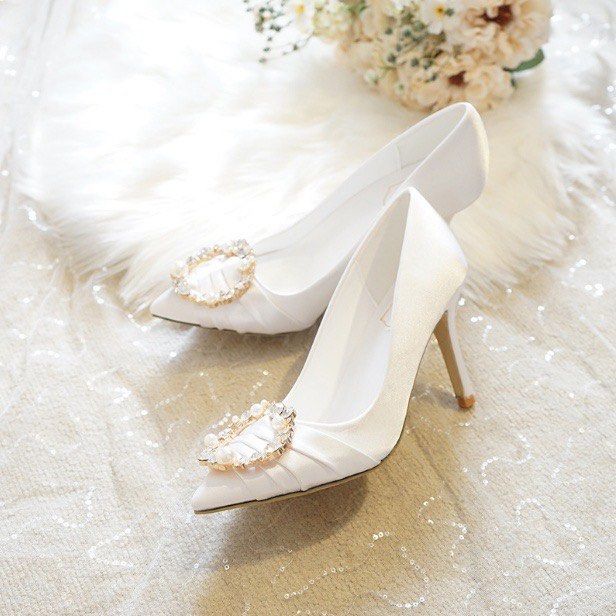 Kasut Kahwin Putih Anl.white High Heels Rhinestone Wedding Shoes Bridesmaid Bridal Satin Women s Fashion Footwear Heels on Carousell