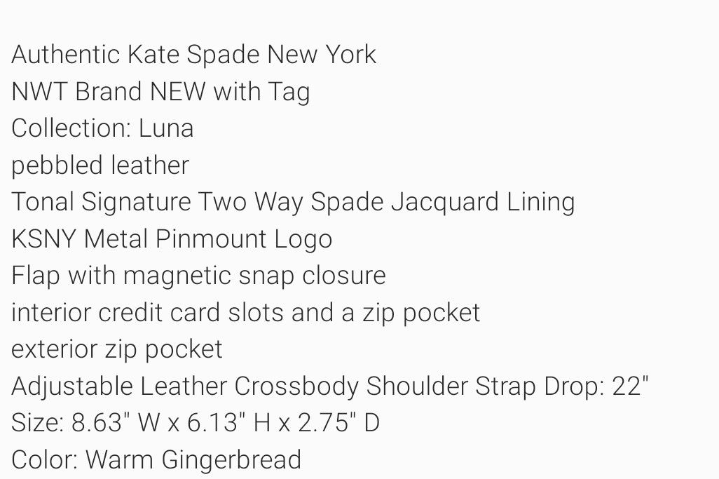 New Kate Spade Luna Crescent Crossbody Bag Leather Warm Gingerbread
