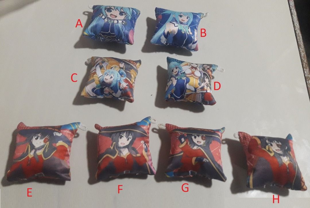 KonoSuba Pillow Keychain Set (Aqua, Megumin, Darkness) (Category: Character Goods) located in Bunawan. Submitted by GreaToys (Listing ID 1238698257, Image 3). Description: 6cm x 6cm (2.4in x 2.4in) Pillow Keychain Aqua Megumin Darkness.