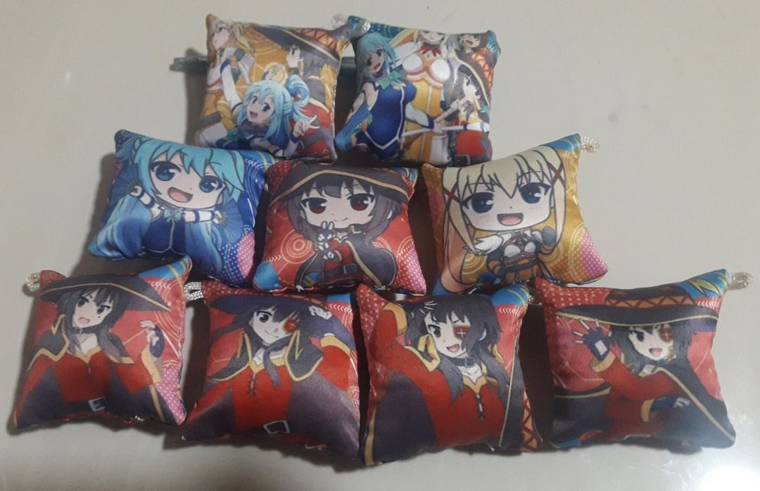 KonoSuba Pillow Keychain Set (Aqua, Megumin, Darkness) (Category: Character Goods) located in Bunawan. Submitted by GreaToys (Listing ID 1238698257, Image 1). Description: 6cm x 6cm (2.4in x 2.4in) Pillow Keychain Aqua Megumin Darkness.