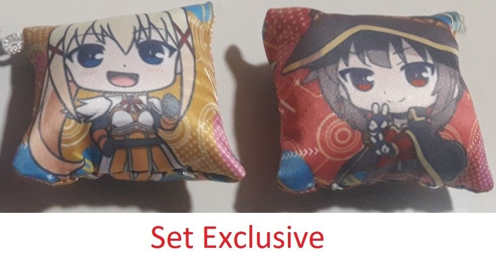 KonoSuba Pillow Keychain Set (Aqua, Megumin, Darkness) (Category: Character Goods) located in Bunawan. Submitted by GreaToys (Listing ID 1238698257, Image 2). Description: 6cm x 6cm (2.4in x 2.4in) Pillow Keychain Aqua Megumin Darkness.