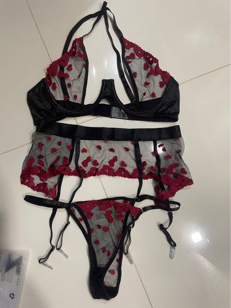 L/XL SHEIN embroidery set lace sexy hearts cute panty bra, Women's Fashion,  New Undergarments & Loungewear on Carousell