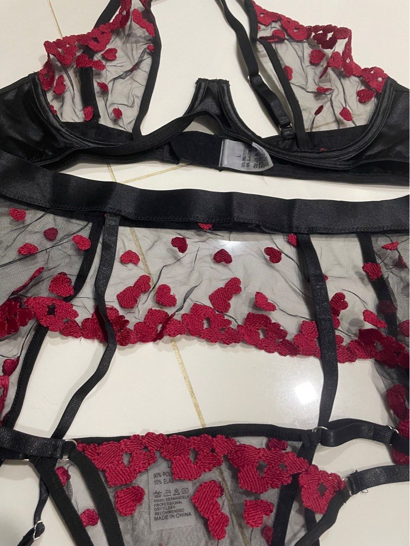 L/XL SHEIN embroidery set lace sexy hearts cute panty bra, Women's Fashion,  New Undergarments & Loungewear on Carousell