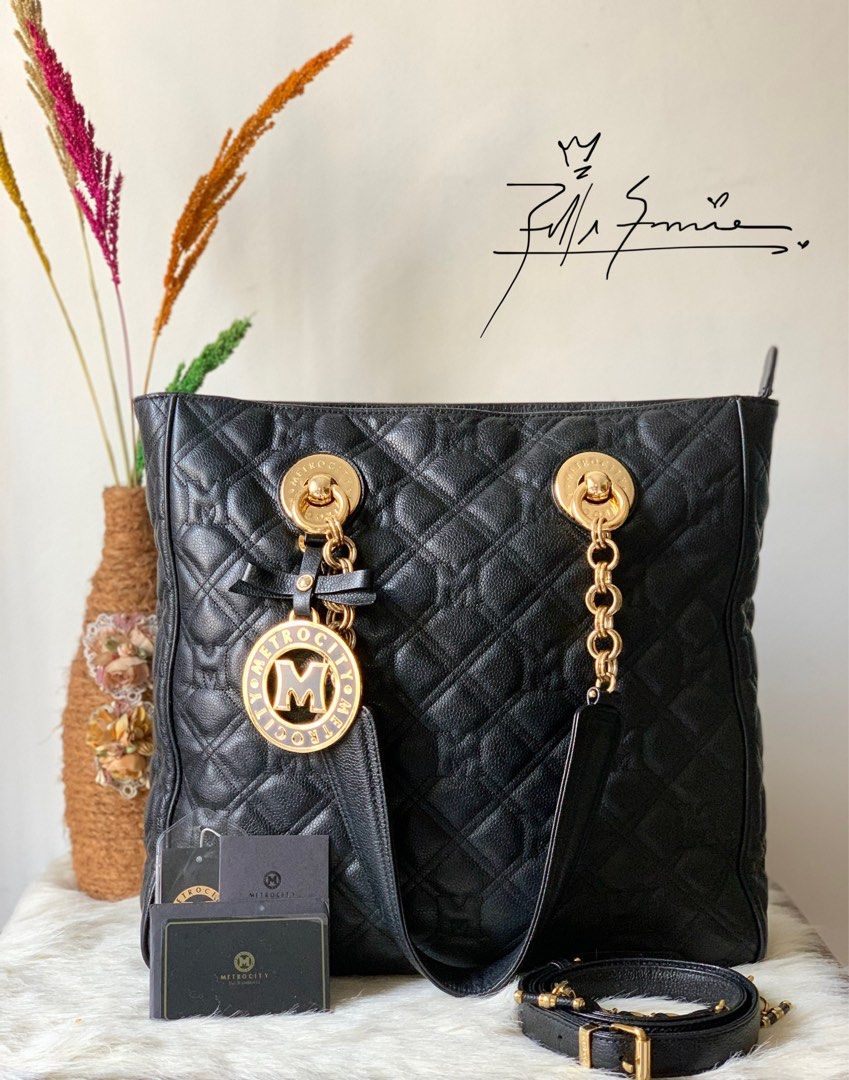 Metrocity Quilted Black Leather Chain Sling Bag, Luxury, Bags & Wallets on  Carousell