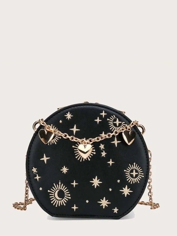 Embroidery star round shop shape crossbody bag