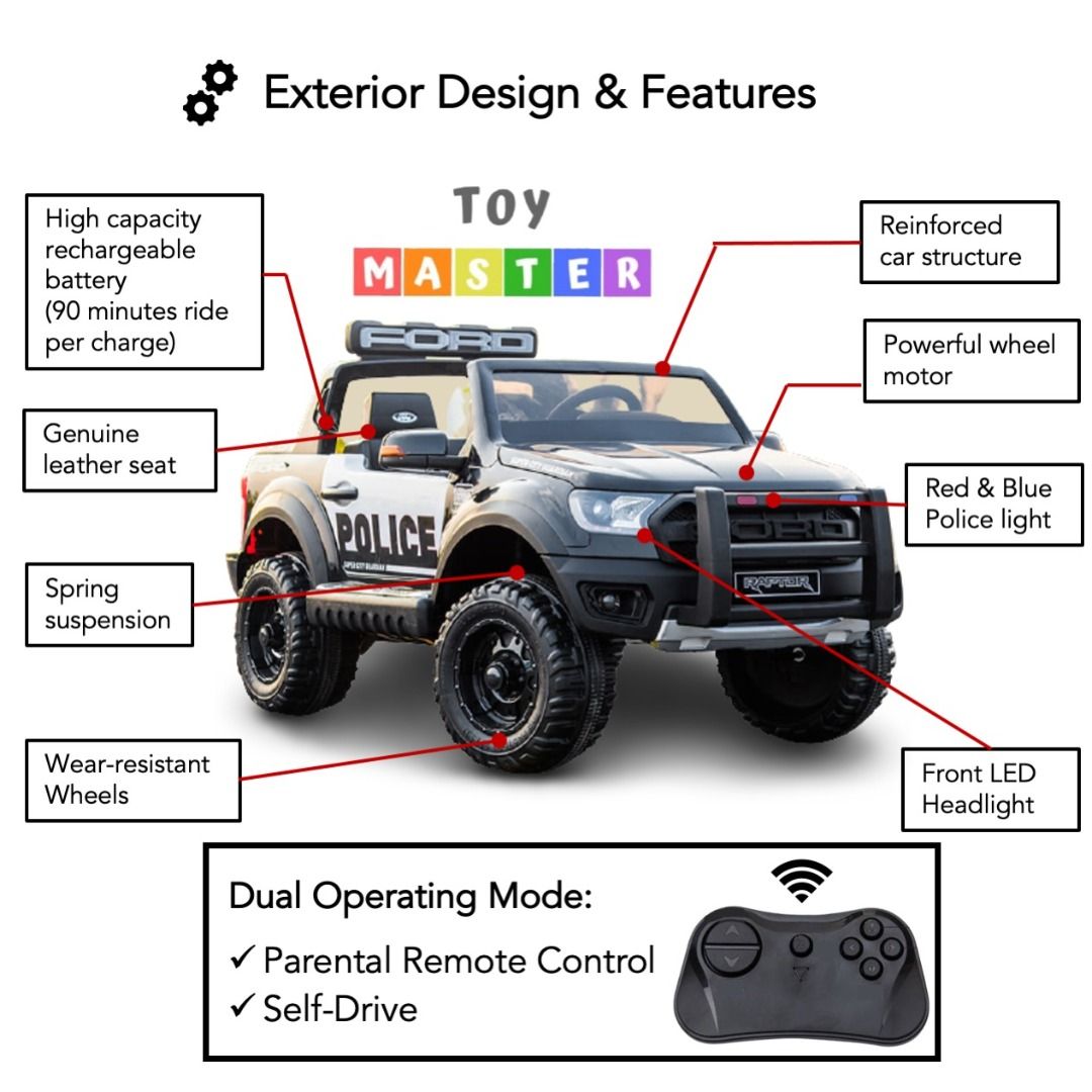 Official Ford Ranger Raptor Police Children Kids Electric Ride On off road Sport Car Toy with Parental Remote Control
