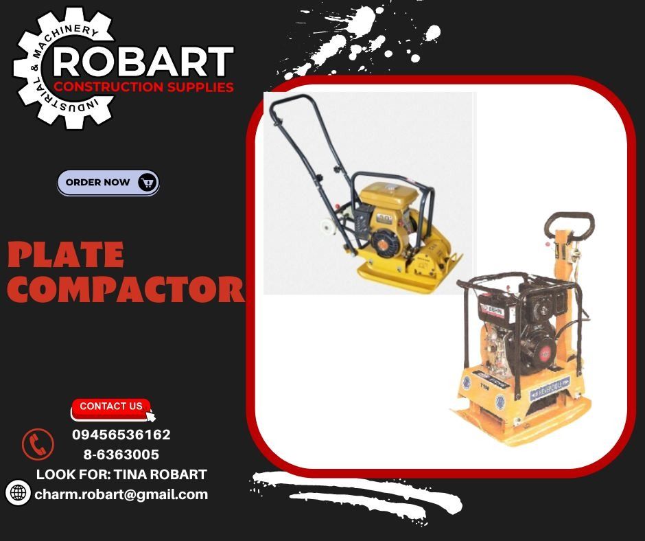 PLATE COMPACTOR (Category: Construction Tools & Equipment) located in Manila. Submitted by tina.sales (Listing ID 1238675964, Image 1). Description: PLATE COMPACTOR MODEL: T90 W/ ROBIN ENGINE EY20 ENGINE: AIR-COOLED, SINGLE CYLINDER, 4 STROKE ENGINE TYPE; PETROL ROBIN EY20 POWER: 6HP SIZE OF BASE PLATE(LxW): 51x45 MAX CENTRIFUGAL FORCE: 20KN VIBRATION FREQUENCY: 4500VPM COMPACTION DEPTH: 30cm OPERATING WEIGHT: 95KGS MODEL: T160 ENGINE: AIR-COOLED