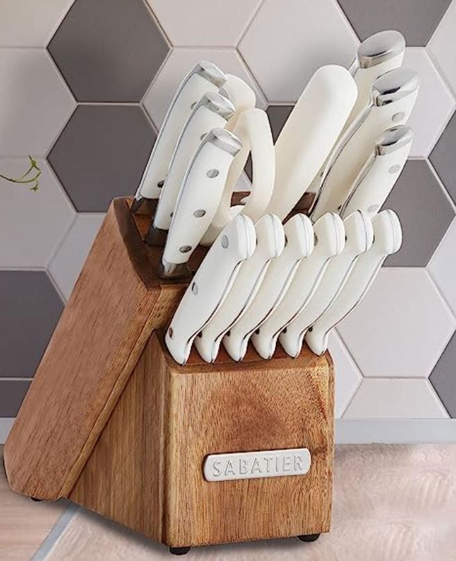 Sabatier Forged Triple Rivet Knife Block Set, 15-Piece, White