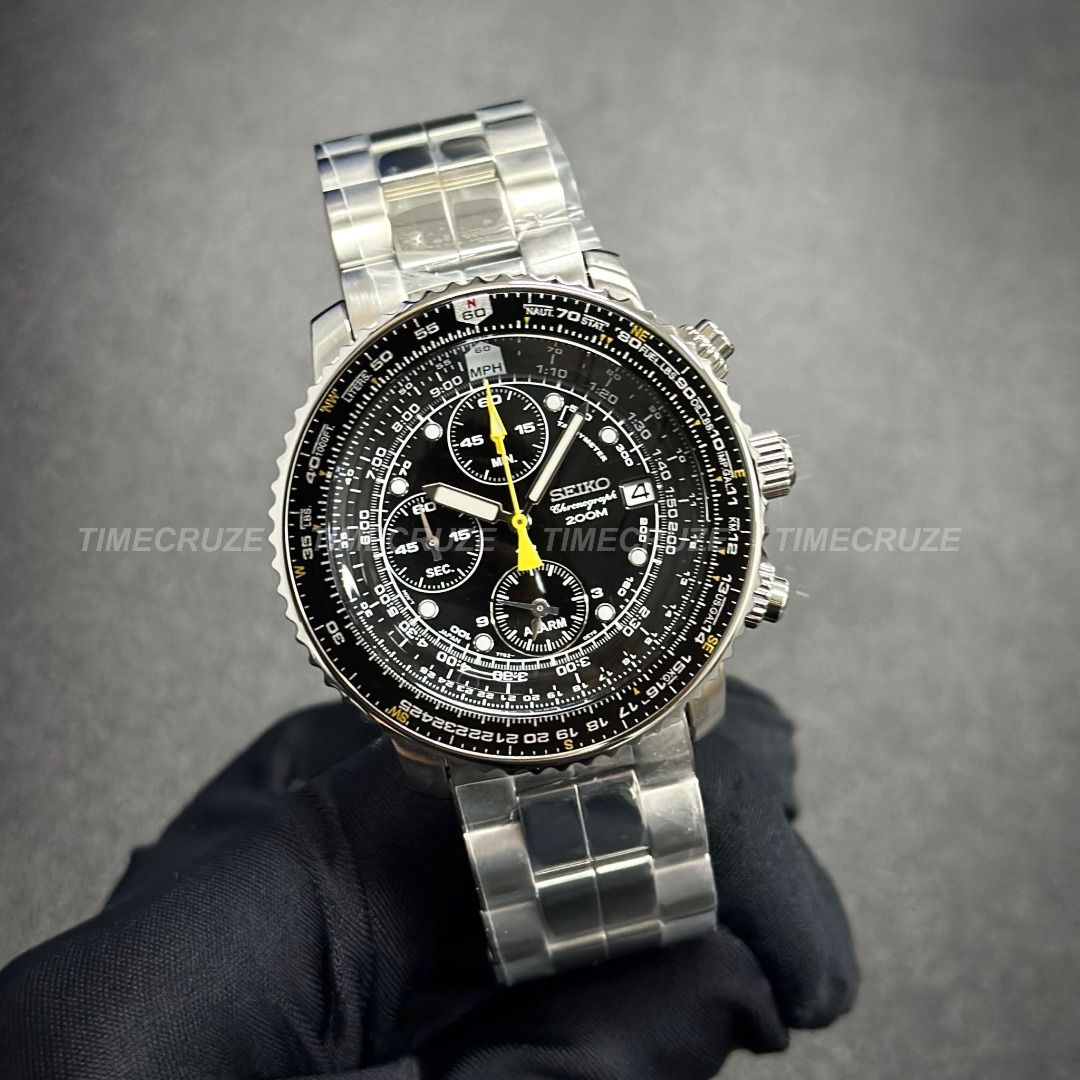 Time Cruze Seiko SNA411 Chronograph Pilot Flight Alarm Stainless Steel Men Watch SNA411P SNA411P1