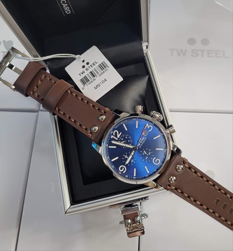 TW Steel TW MS104 Maverick 48mm Blue Dial Brown Leather Watch