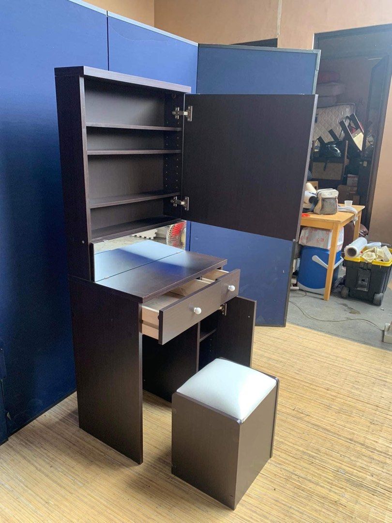 Vanity Dresser w/ Stool 24”L x 16”W x 59”H 30” table height Mirror cabinet 2 pullout draw (Category: Tables & Sets) located in Manila. Submitted by Hezcki (Listing ID 1238621876, Image 2). Description: .