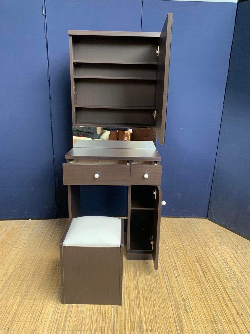 Vanity Dresser w/ Stool 24”L x 16”W x 59”H 30” table height Mirror cabinet 2 pullout draw (Category: Tables & Sets) located in Manila. Submitted by Hezcki (Listing ID 1238621876, Image 3). Description: .