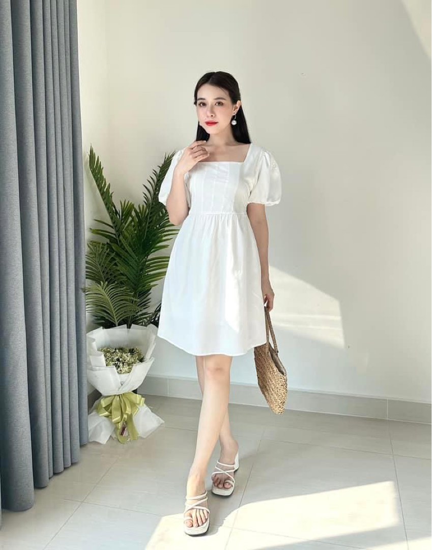 white dress with puff sleeves, women's fashion, dresses & sets