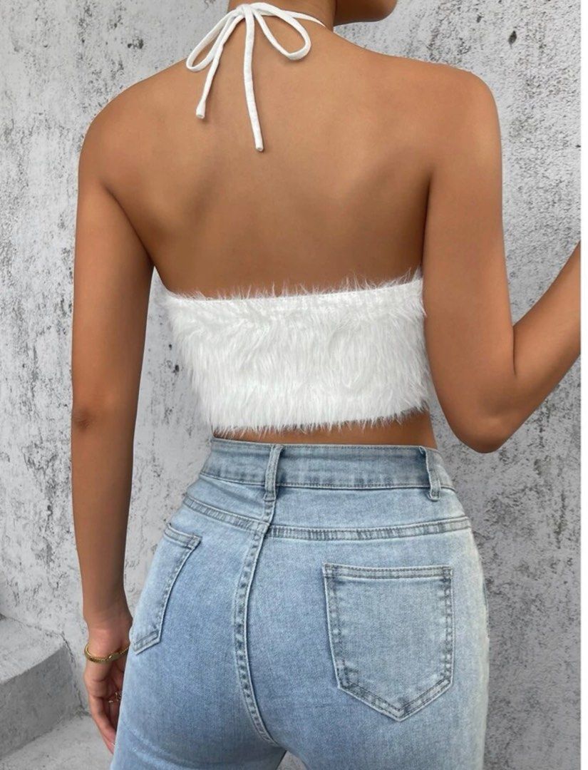 Backless Knot Crop Fuzzy Halter Top