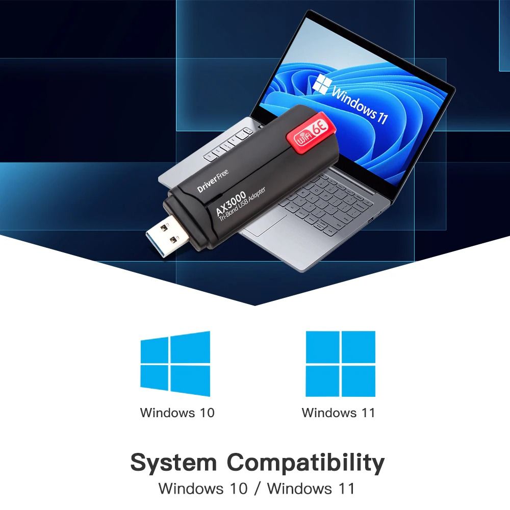 WiFi 6 6E Tri-Band USB 3.0 Adapter For Win 10/Win 11 Driver Free.