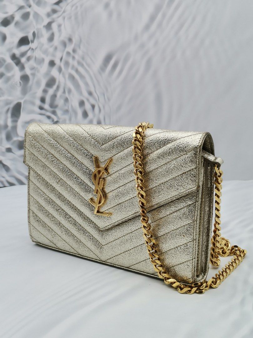 YSL SAINT LAURENT GOLD METALLIC MATELASSE LEATHER ENVELOPE WALLET ON CHAIN