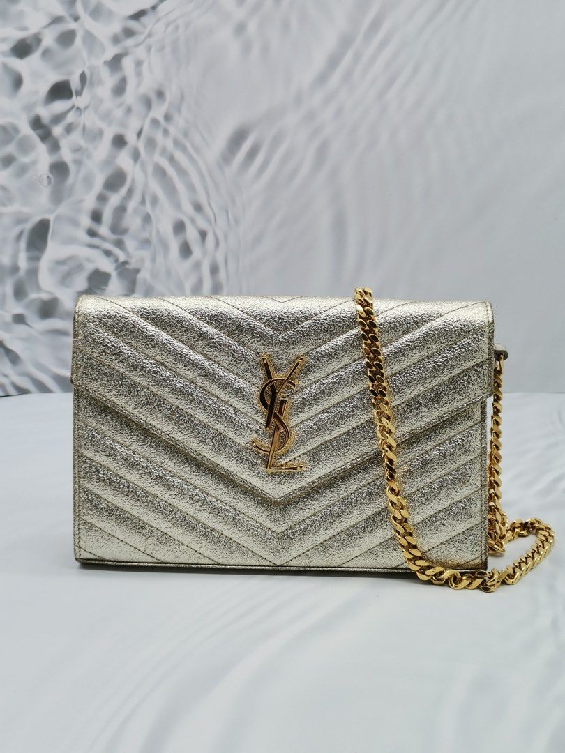 YSL SAINT LAURENT GOLD METALLIC MATELASSE LEATHER ENVELOPE WALLET