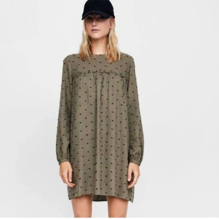 Zara Khaki Polka Dot Dress Zara Floral And Polka Dot Autumnal Depop