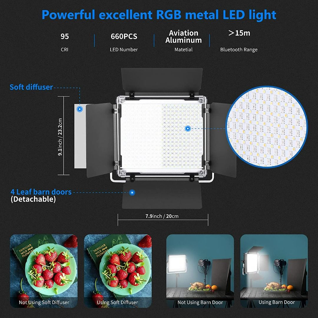 3603) NEEWER 660 RGB LED LIGHT WITH APP CONTROL, 660 SMD LEDS CRI95/3200K- 5600K/BRIGHTNESS 0-100%/0-360 ADJUSTABLE COLORS/10 APPLICABLE SCENES WITH LCD  SCREEN/U BRACKET/BARNDOOR, METAL SHELL FOR PHOTOGRAPHY, Photography,  Photography Accessories ...